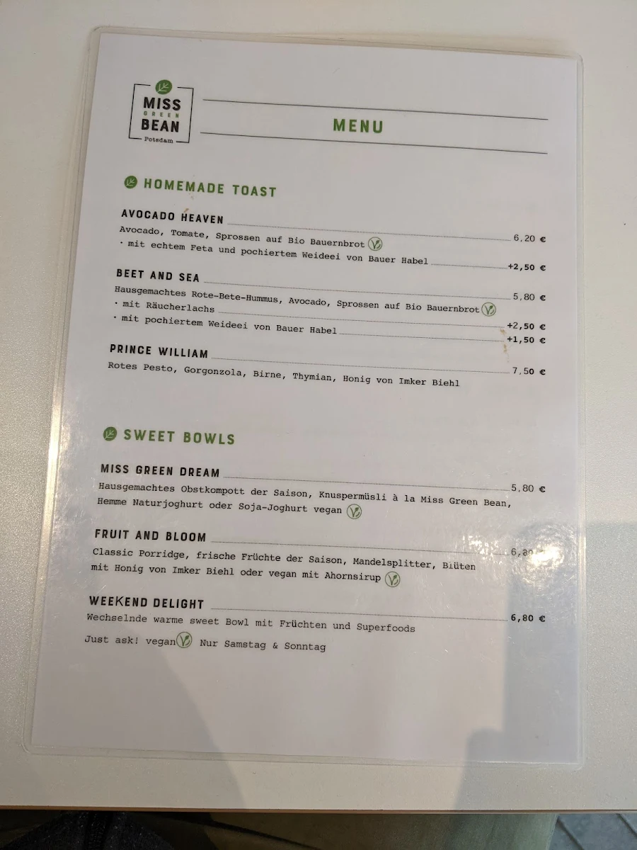 Speisekarte, Café Miss Green Bean