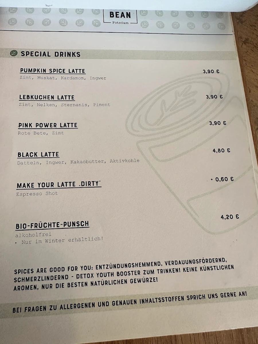 Speisekarte, Café Miss Green Bean