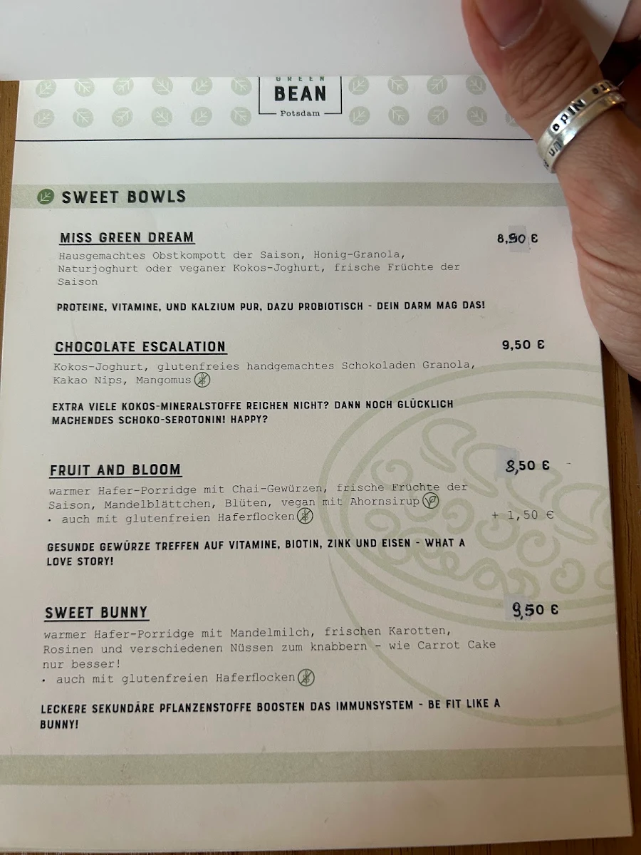 Speisekarte, Café Miss Green Bean
