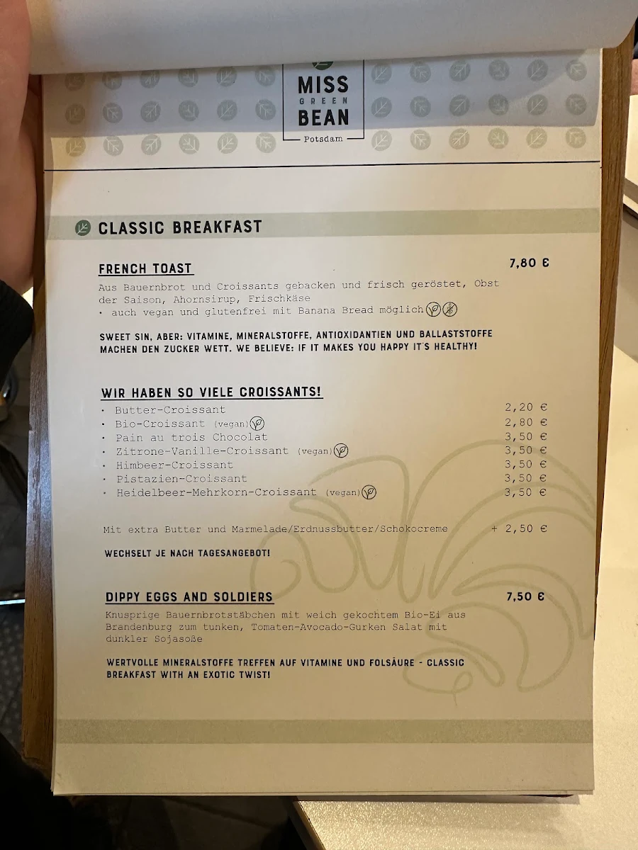 Speisekarte, Café Miss Green Bean