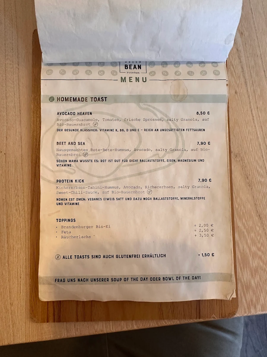 Speisekarte, Café Miss Green Bean