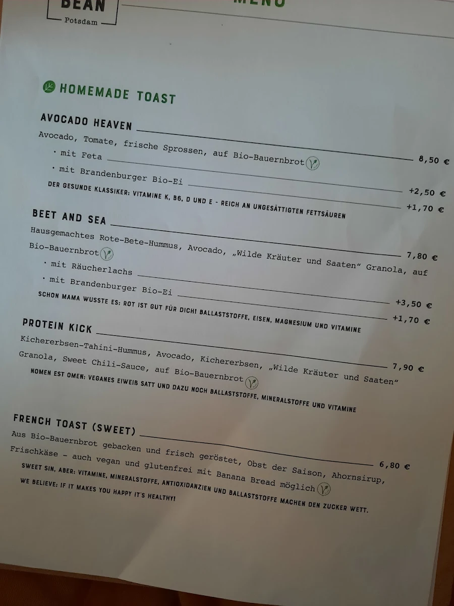 Speisekarte, Café Miss Green Bean