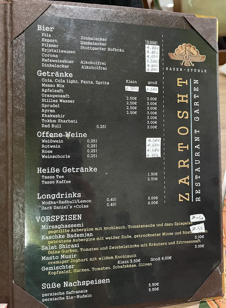 Speisekarte, Zartosht Restaurant Stuttgart