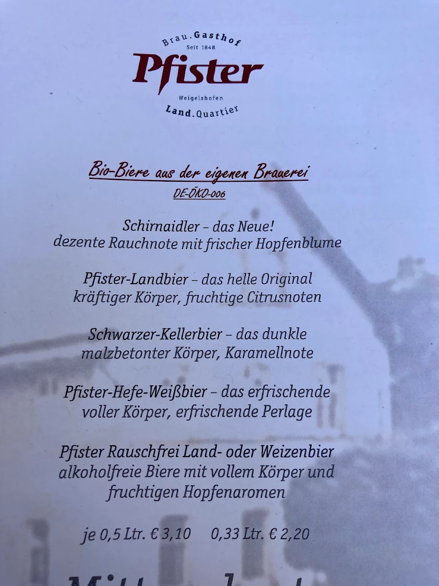 Speisekarte, Brauerei Gasthof Pfister