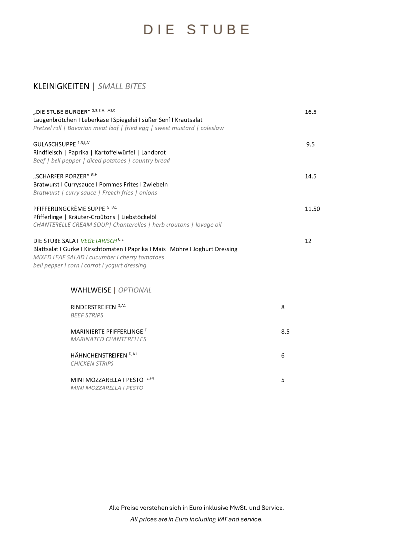 Speisekarte, Restaurant DIE STUBE