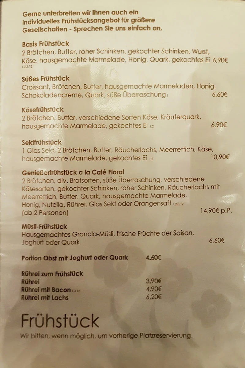 Speisekarte, Café Floral