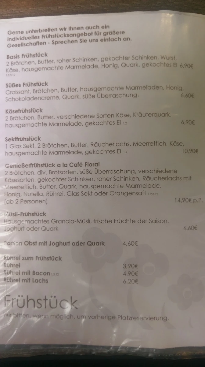 Speisekarte, Café Floral