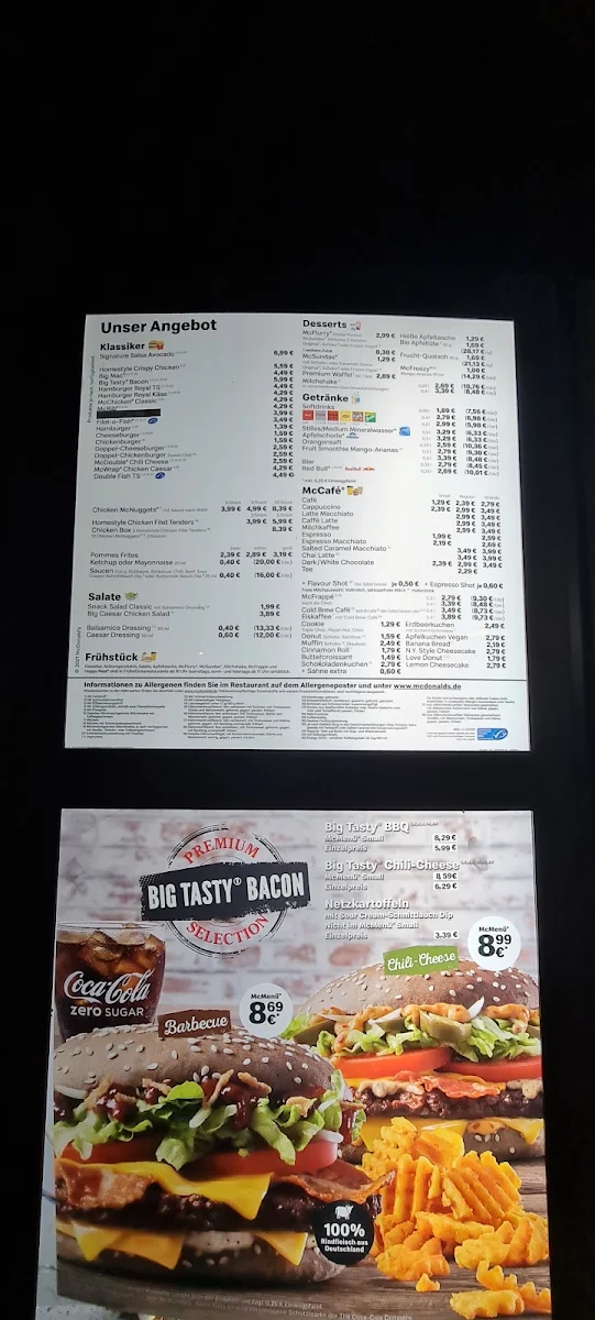 Speisekarte, McDonald's