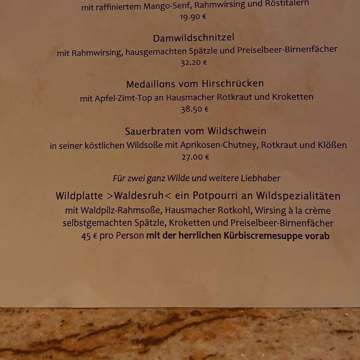 Speisekarte, Borgböhmer's Waldesruh Bochum