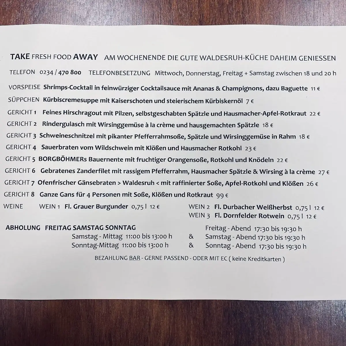 Speisekarte, Borgböhmer's Waldesruh Bochum