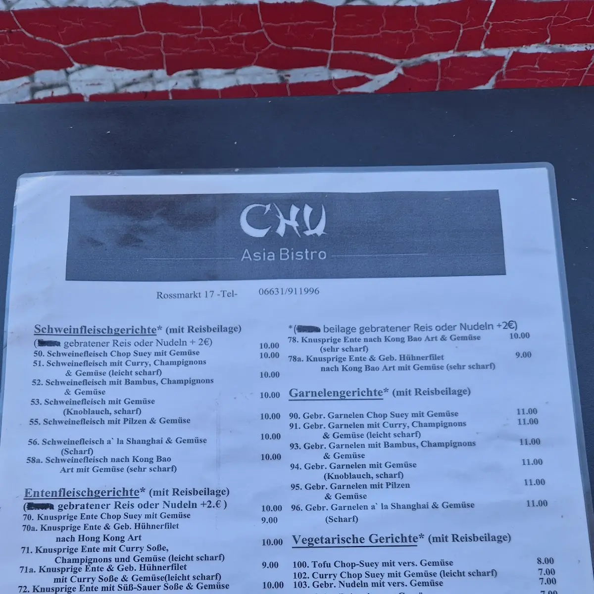 Speisekarte, Asia Bistro Chu