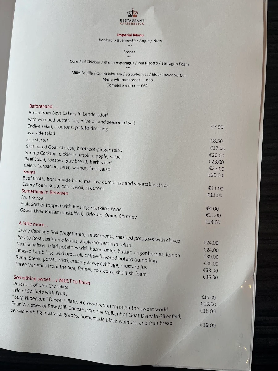 Speisekarte, Burgrestaurant Nideggen