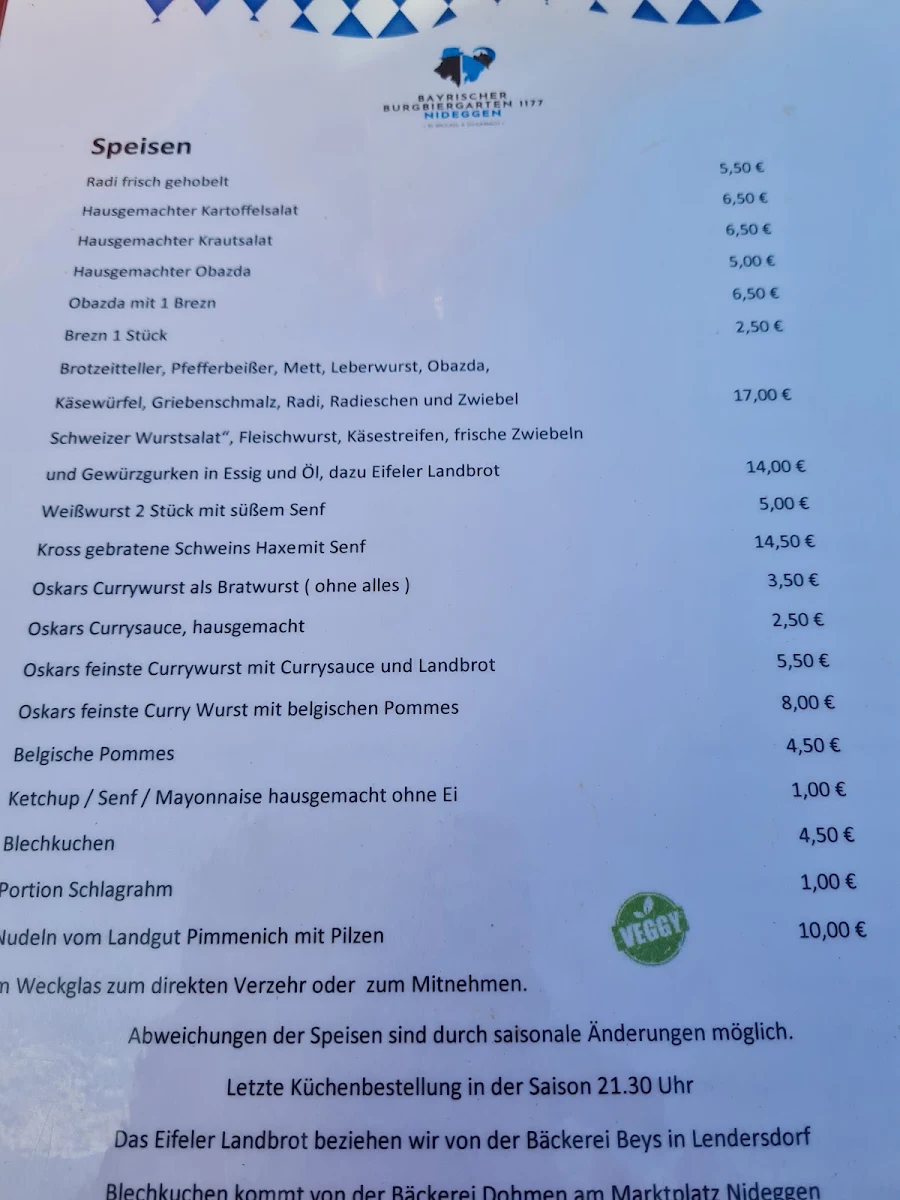 Speisekarte, Burgrestaurant Nideggen