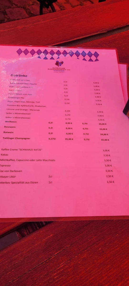 Speisekarte, Burgrestaurant Nideggen