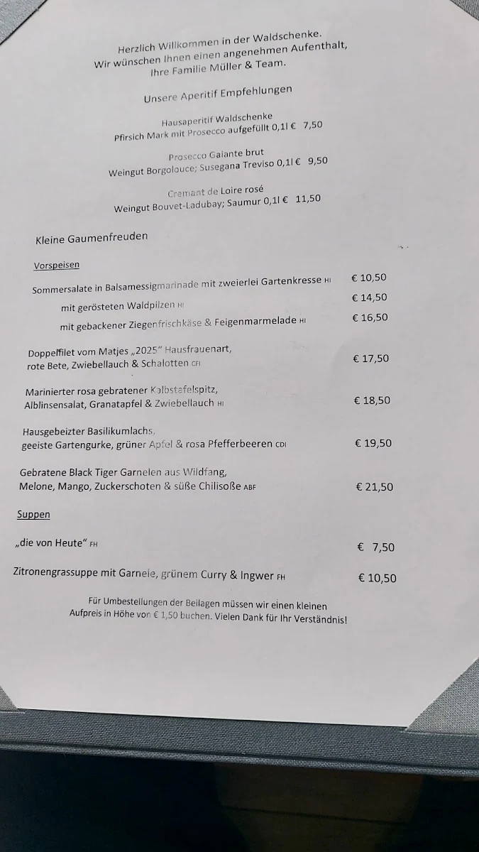 Speisekarte, Restaurant Waldschenke mit Biergarten