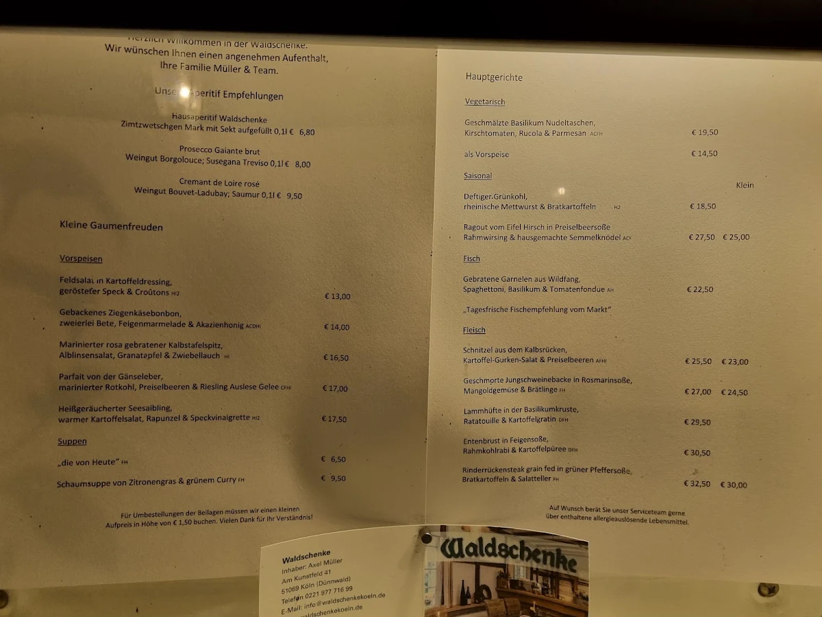 Speisekarte, Restaurant Waldschenke mit Biergarten
