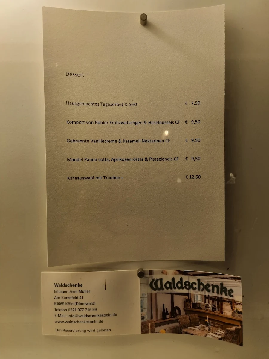 Speisekarte, Restaurant Waldschenke mit Biergarten