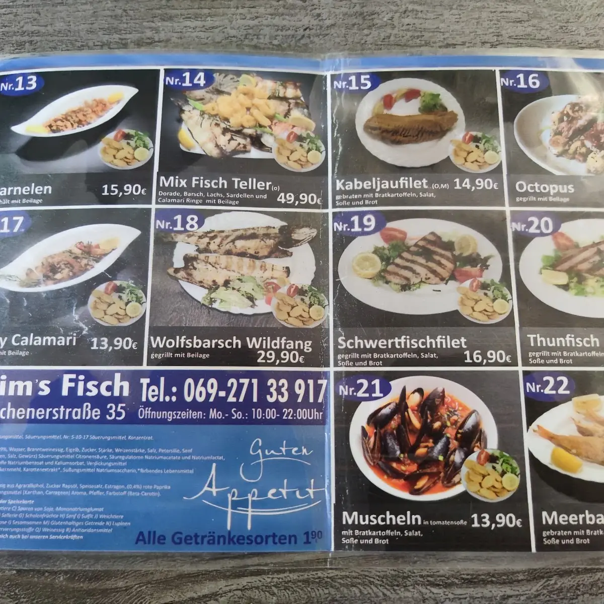 Speisekarte, Alims Fischimbiss Mainzer Landstraße