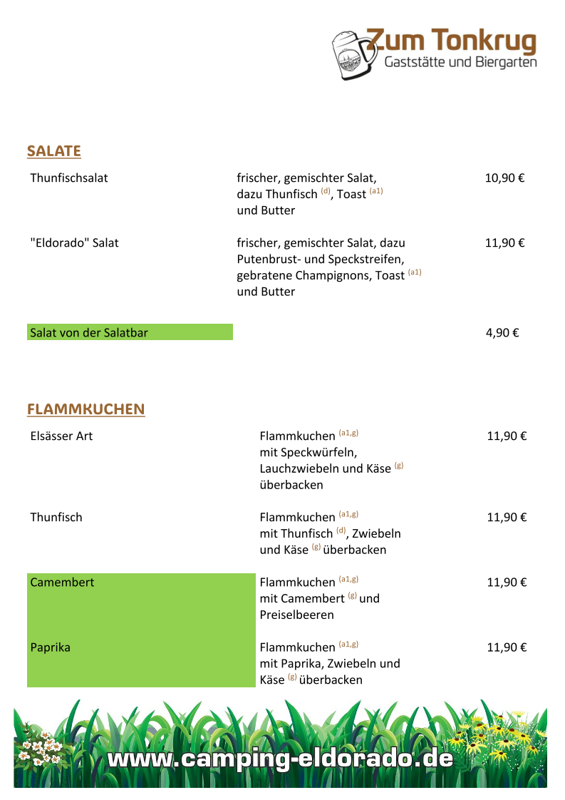 Speisekarte, Zum Tonkrug- Gaststätte und Biergarten