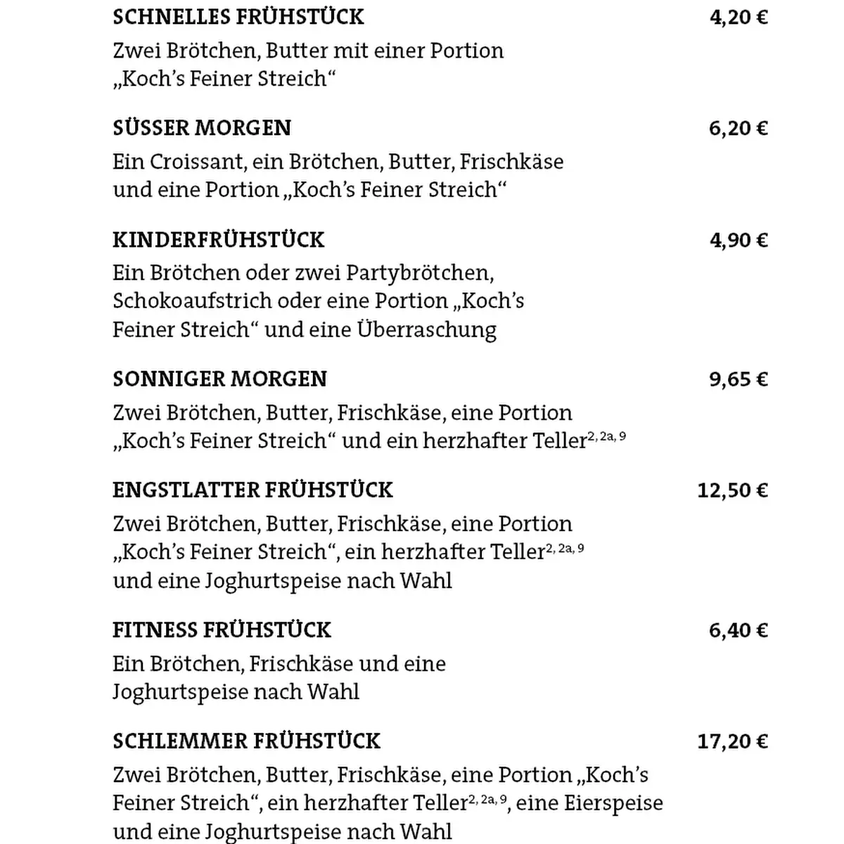 Speisekarte, Bäckerei Koch