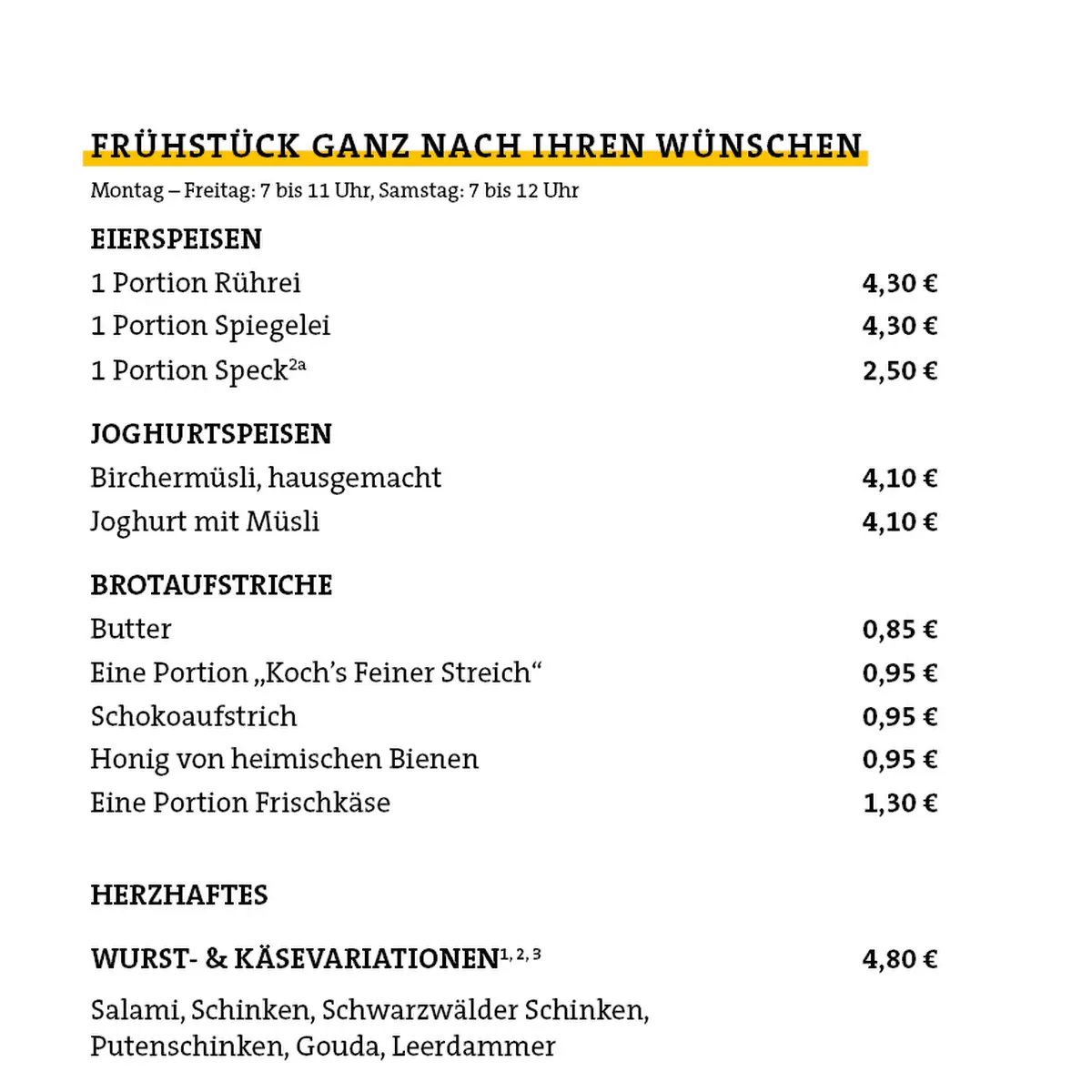 Speisekarte, Bäckerei Koch