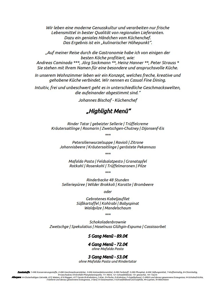 Speisekarte, VILOTEL - Restaurant