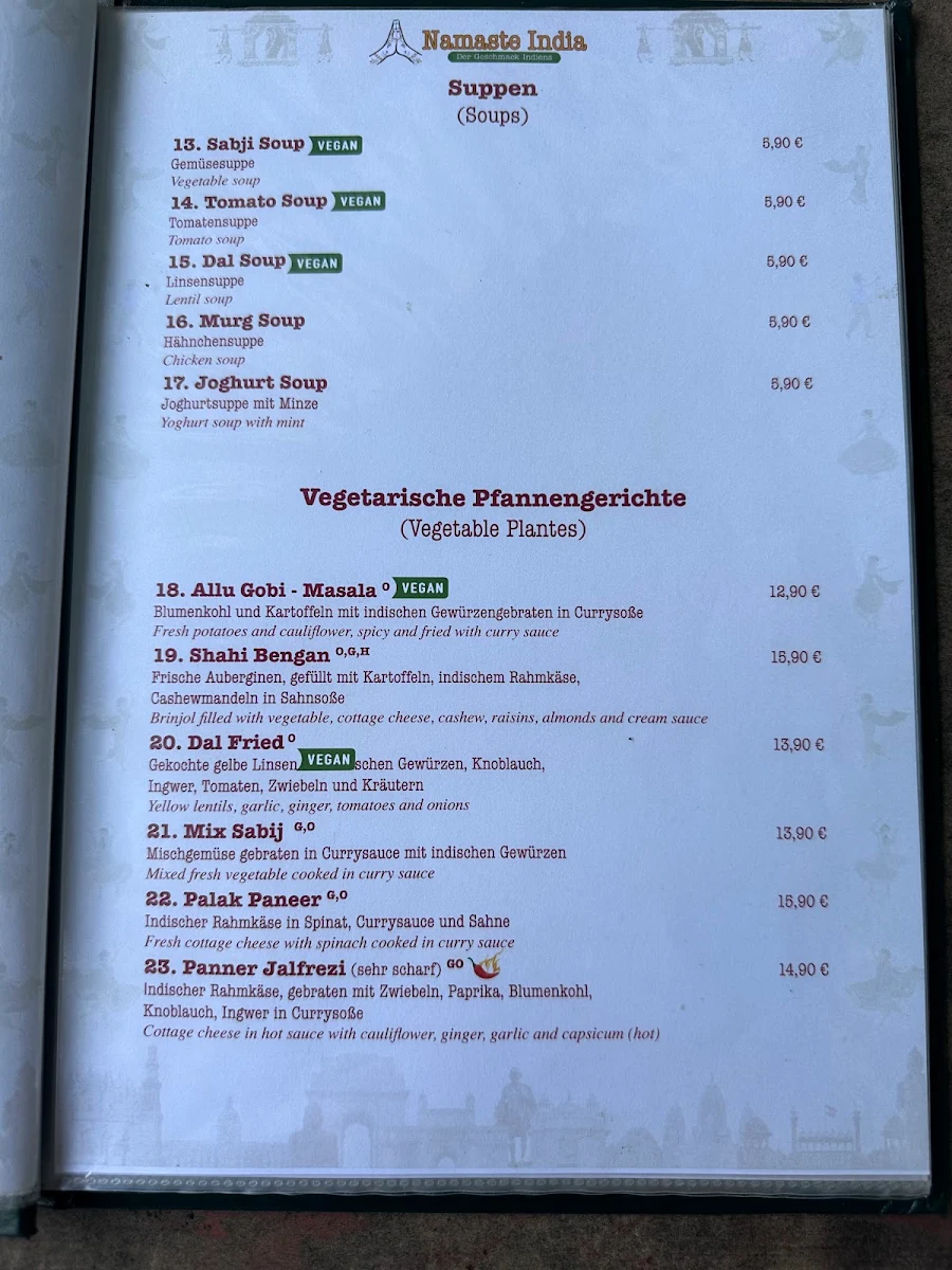 Speisekarte, Namaste India Halle
