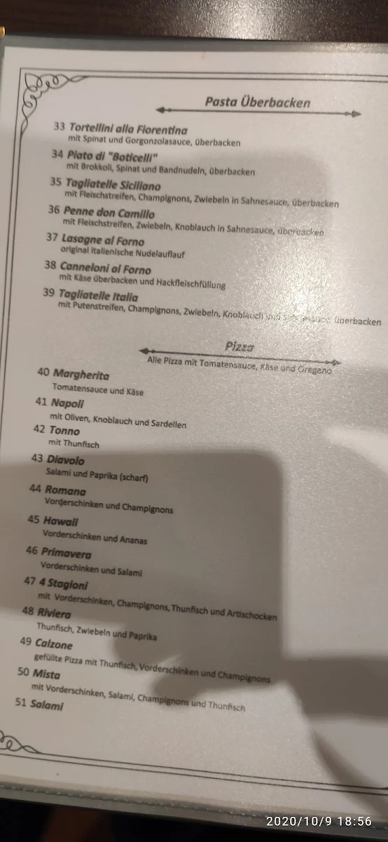 Speisekarte, Pizzeria Roma