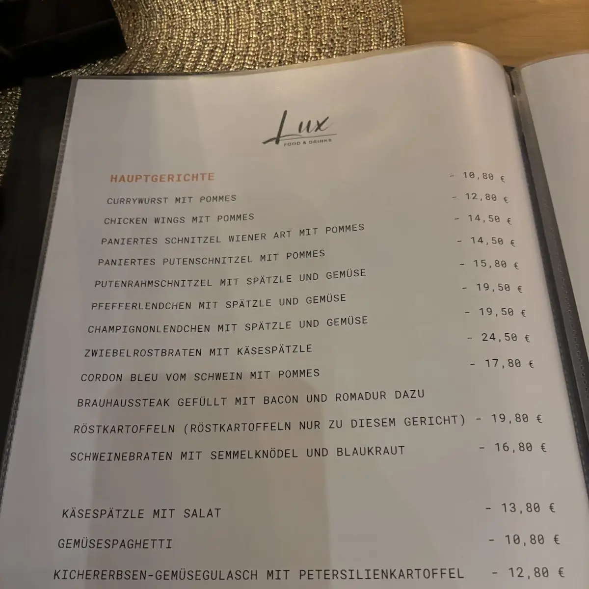 Speisekarte, Restaurant Lux