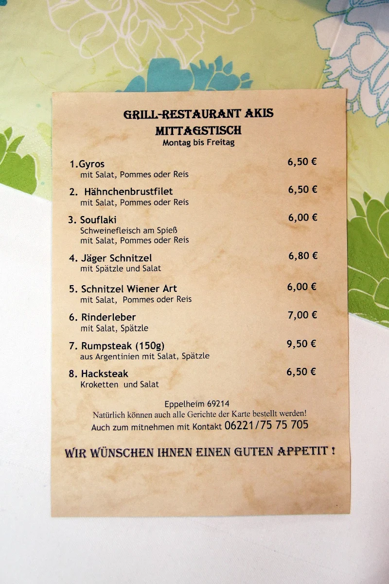 Speisekarte, Grill-Restaurant AKIS "Zum Schützenhaus"