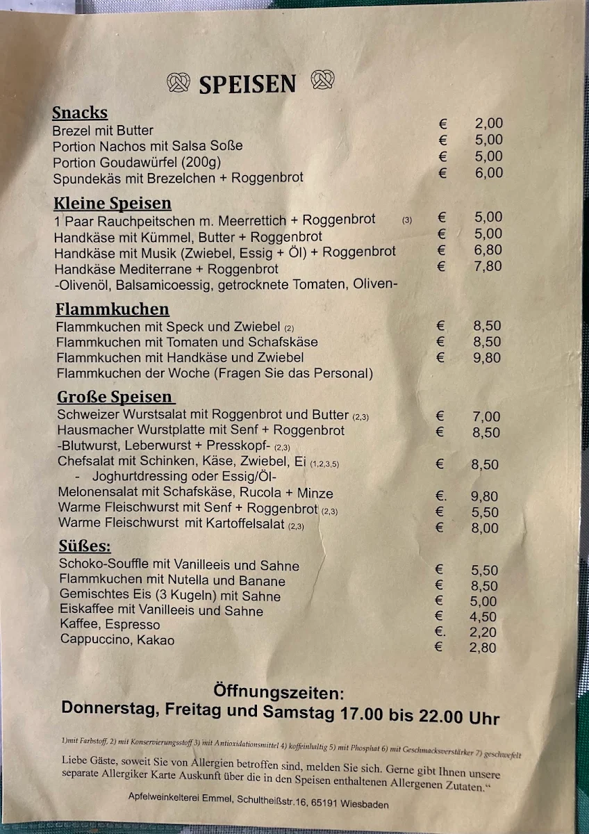 Speisekarte, Apfelweinkelterei Emmel