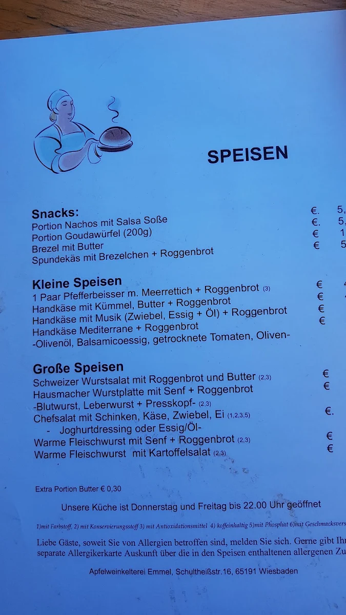Speisekarte, Apfelweinkelterei Emmel