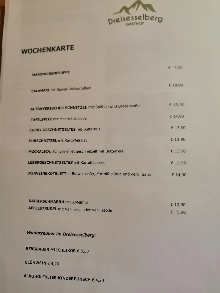 Speisekarte, Gasthof Dreisesselberg