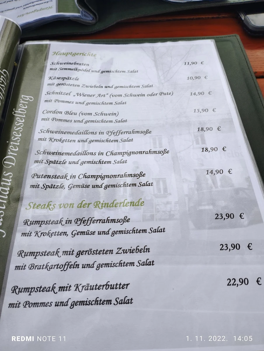 Speisekarte, Gasthof Dreisesselberg