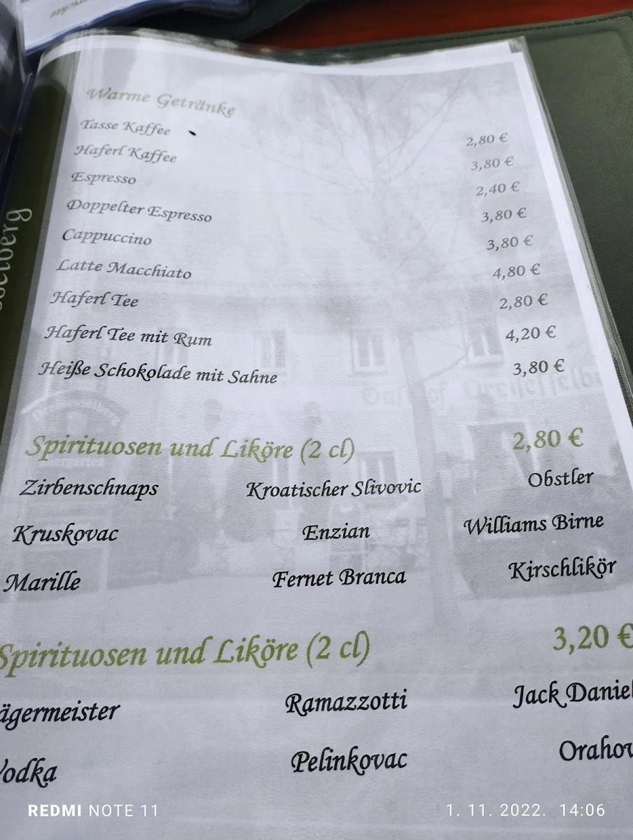Speisekarte, Gasthof Dreisesselberg