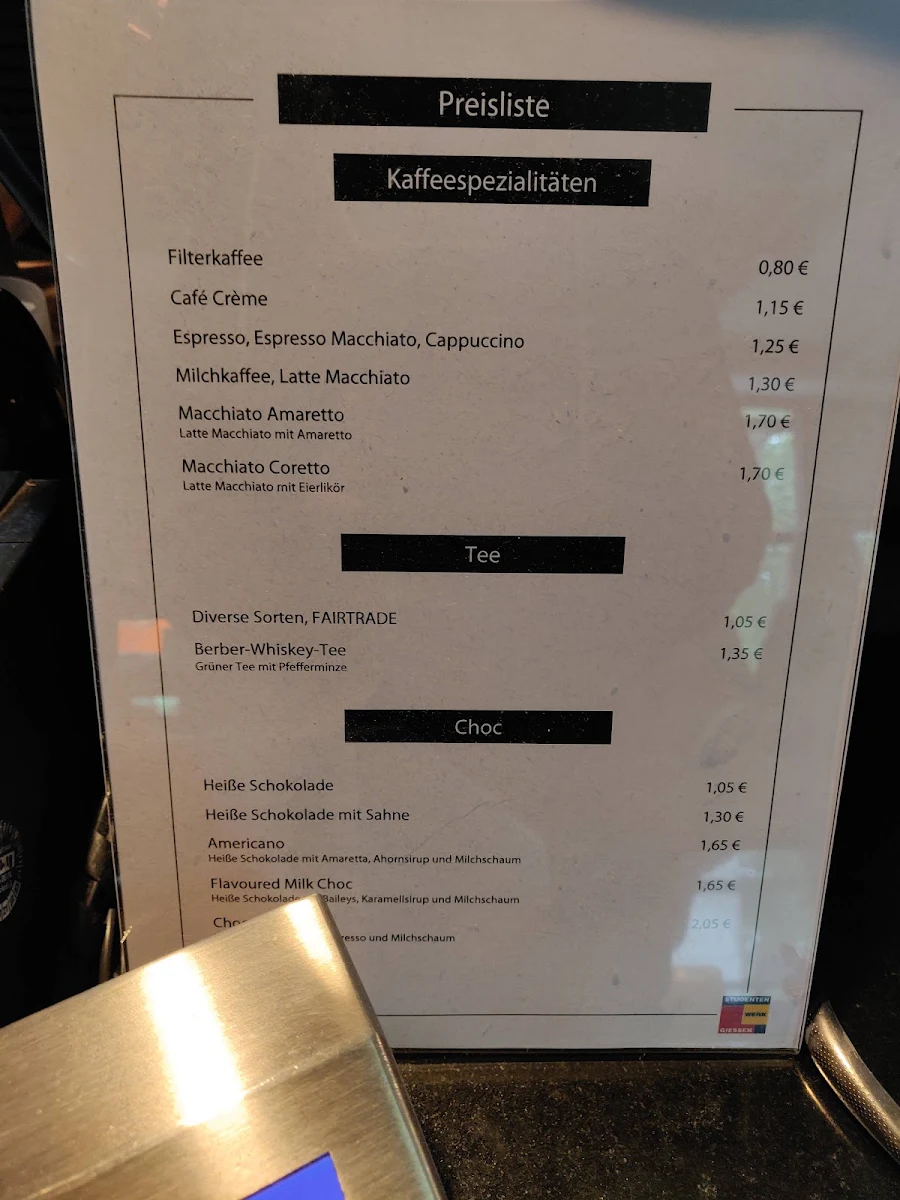 Speisekarte, Kaffeebar cUBar