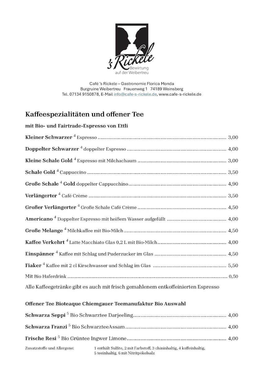 Speisekarte, Café 's Rickele