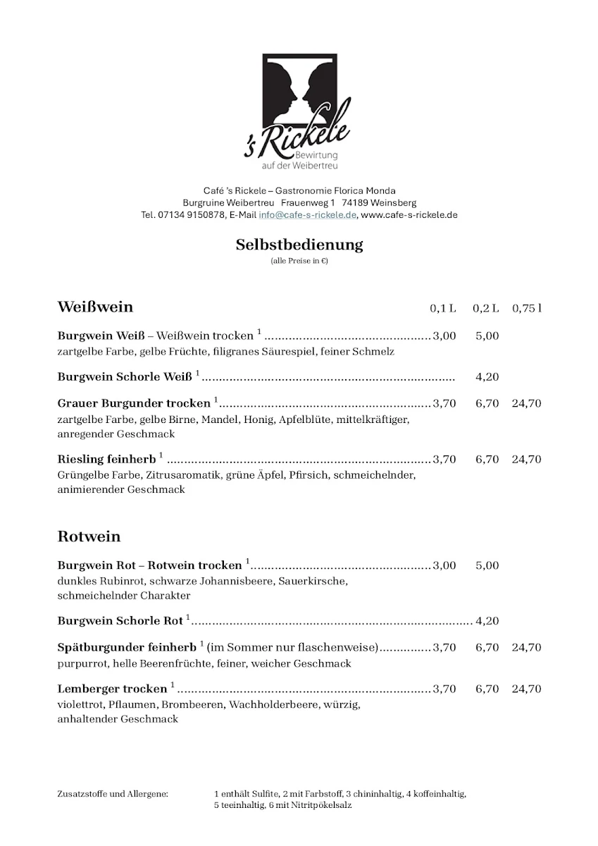 Speisekarte, Café 's Rickele