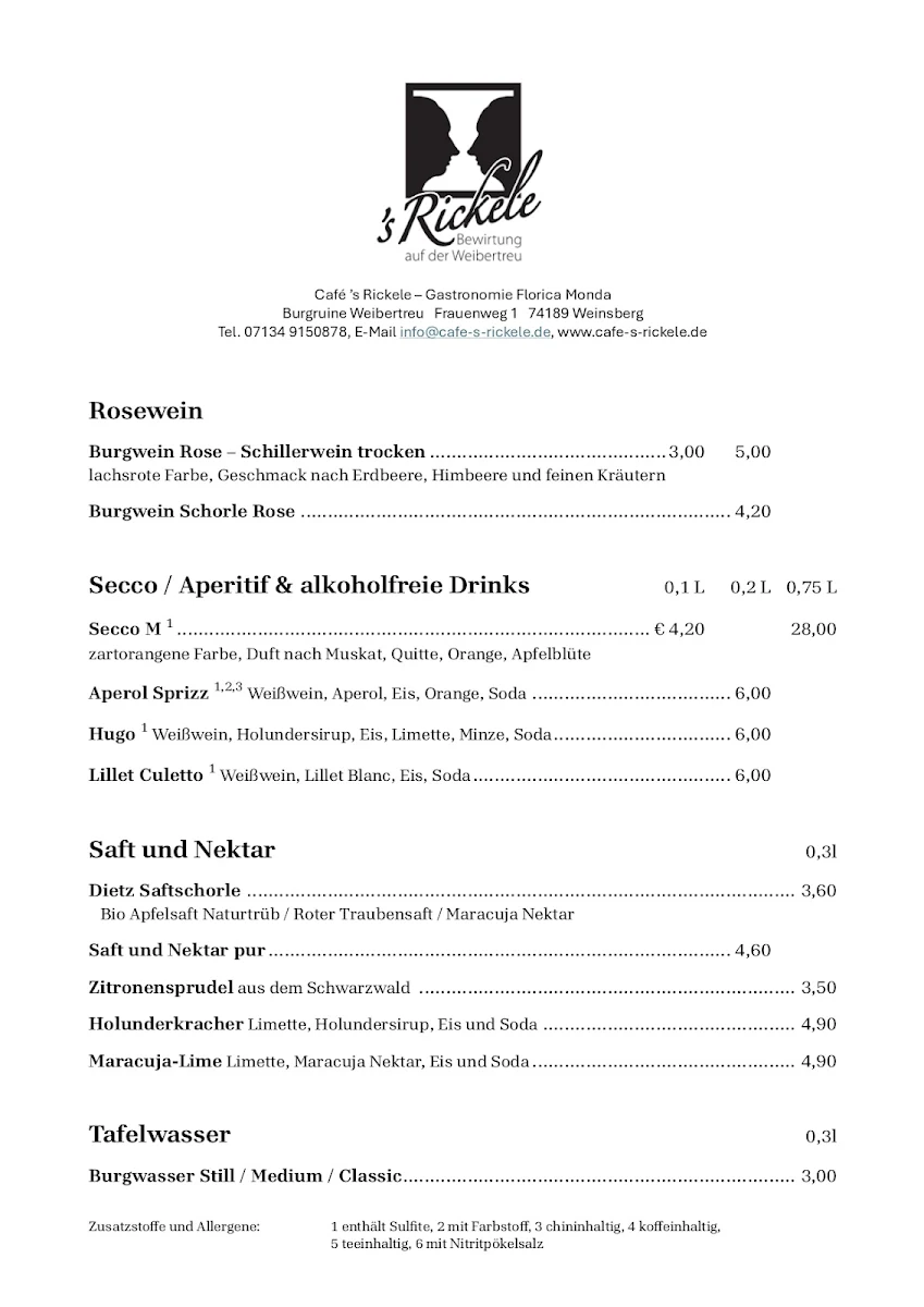 Speisekarte, Café 's Rickele