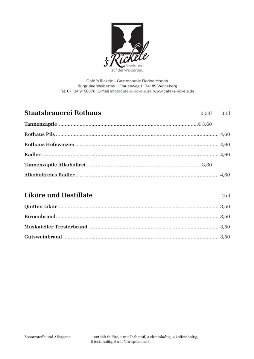 Speisekarte, Café 's Rickele