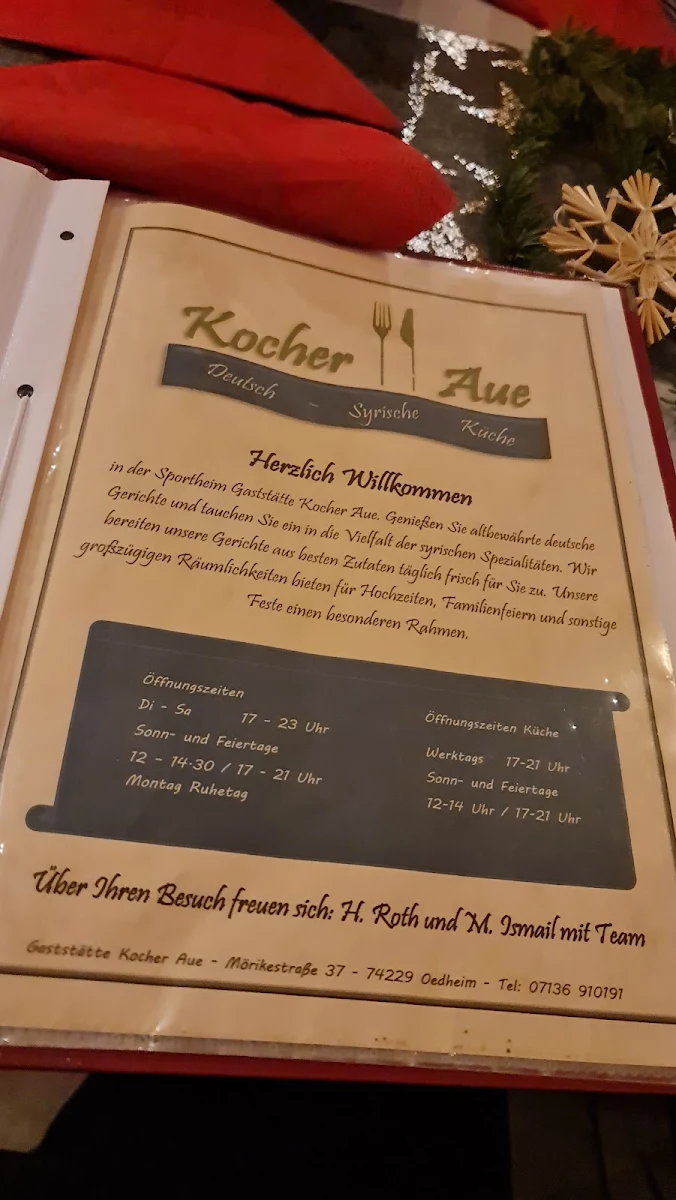 Speisekarte, Sportheimgaststätte Kocher Aue