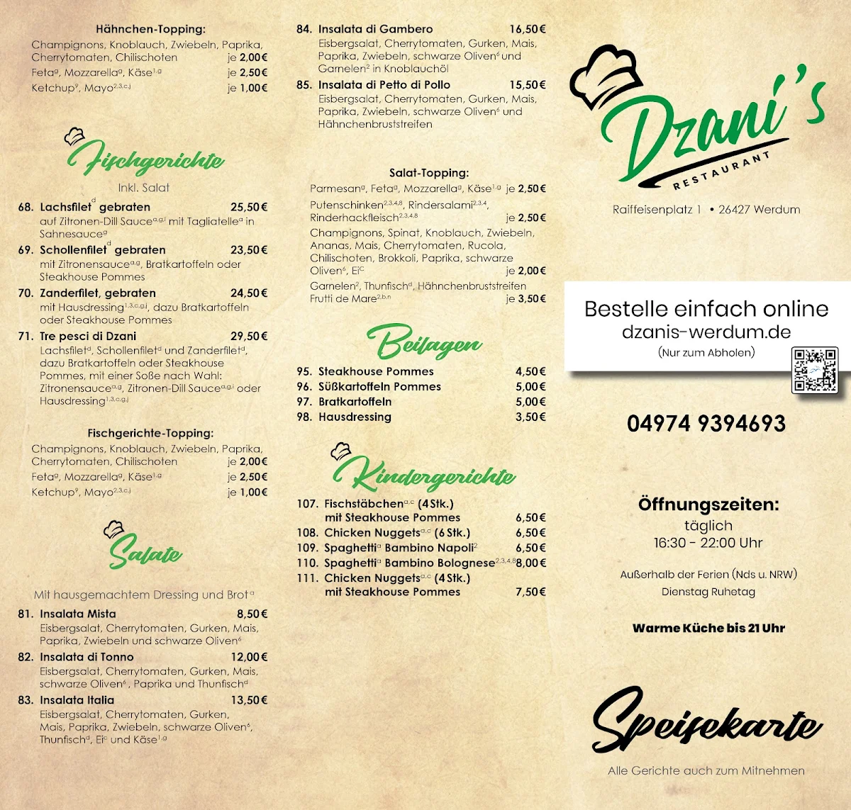 Speisekarte, Dzani`s Restaurant
