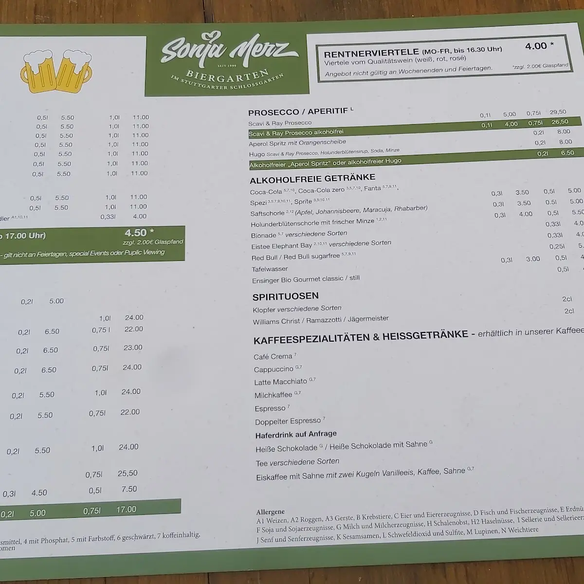 Speisekarte, Biergarten im Schloßgarten