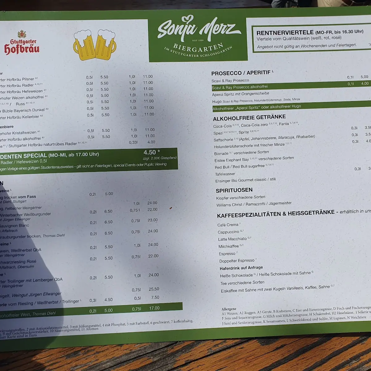 Speisekarte, Biergarten im Schloßgarten
