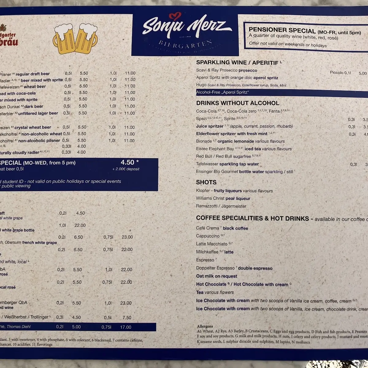 Speisekarte, Biergarten im Schloßgarten