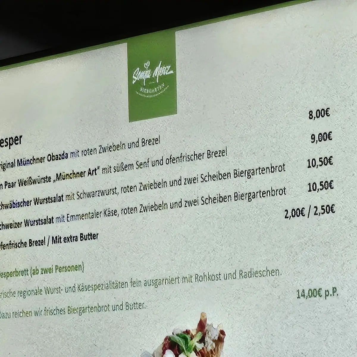 Speisekarte, Biergarten im Schloßgarten