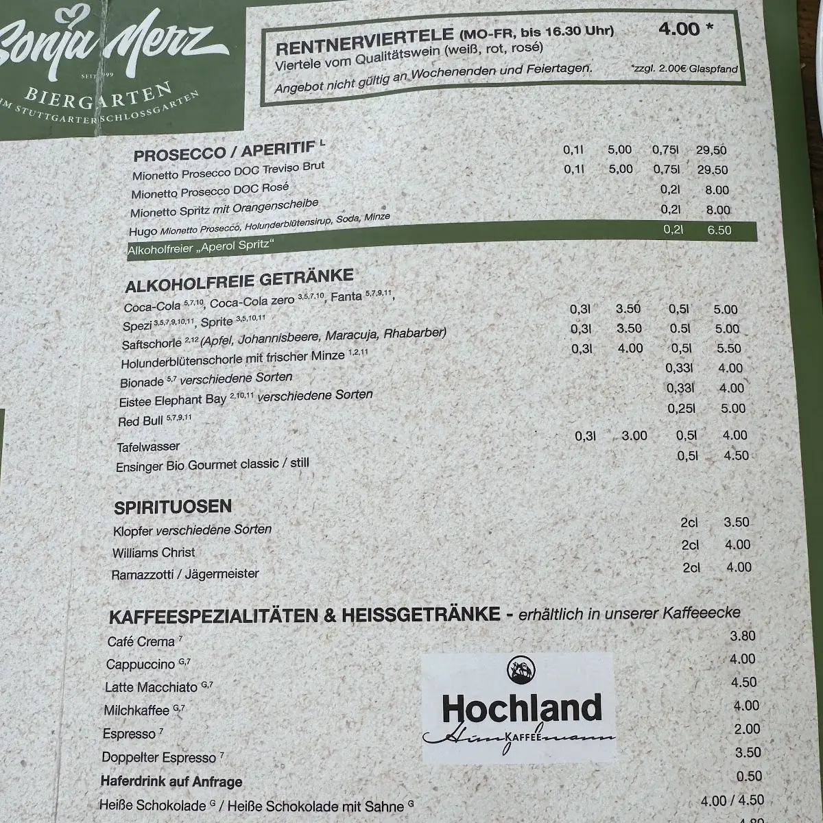 Speisekarte, Biergarten im Schloßgarten