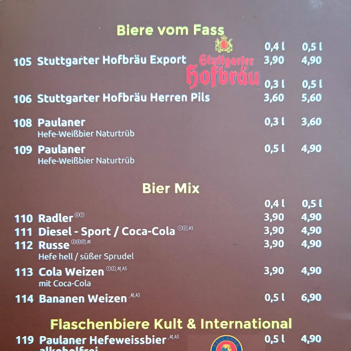 Speisekarte, Biergarten im Schloßgarten