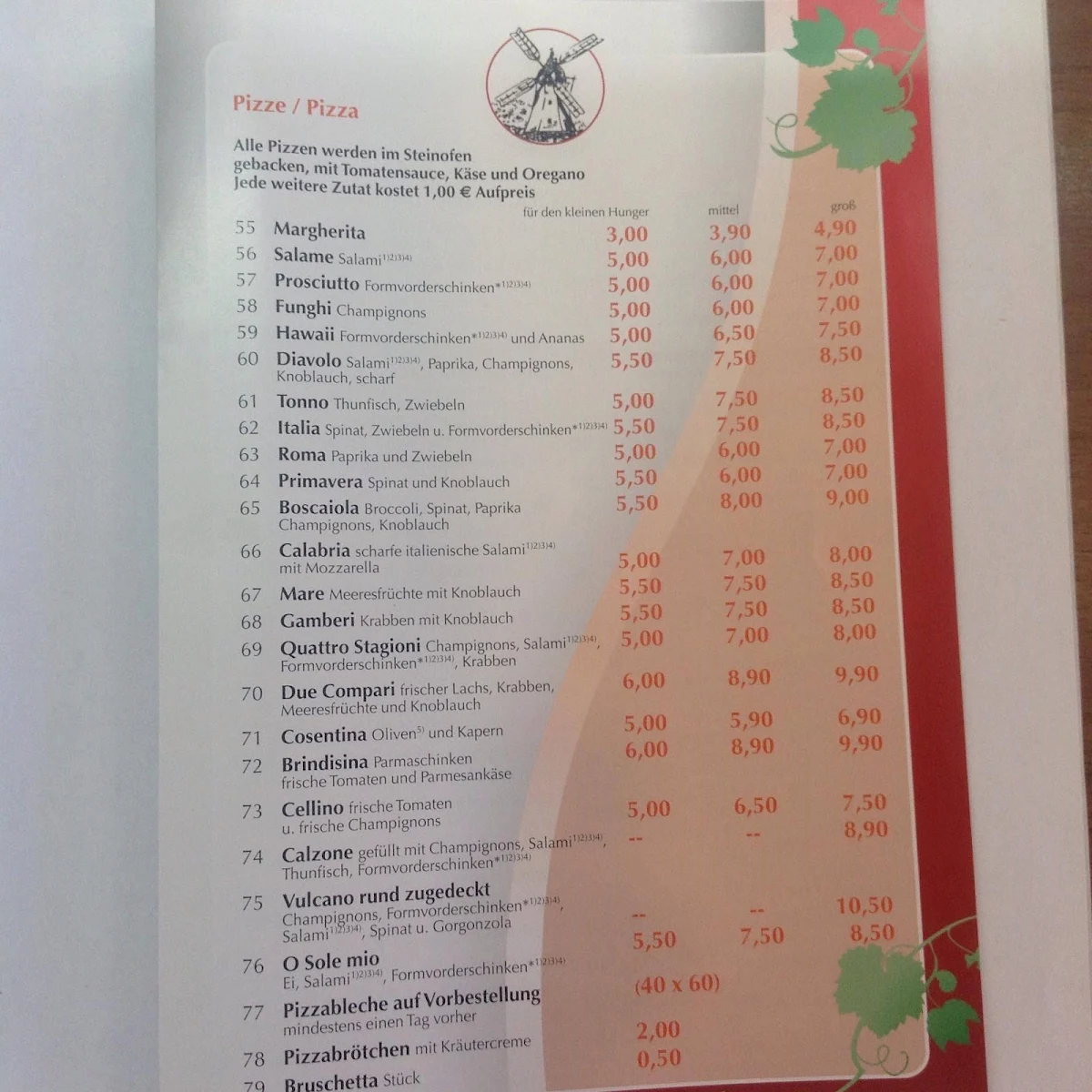 Speisekarte, Restaurante Il Mulino