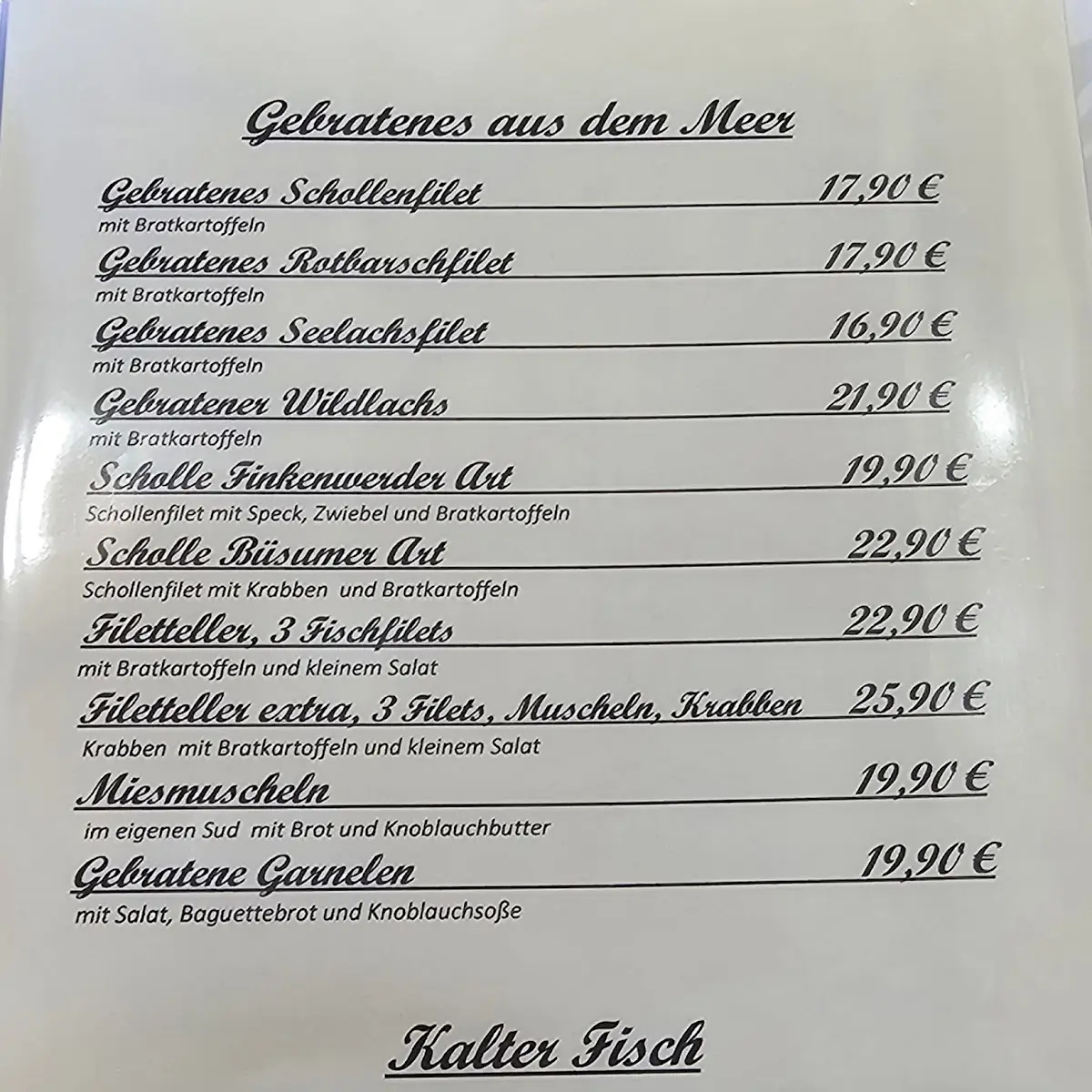 Speisekarte, Zum Backfisch